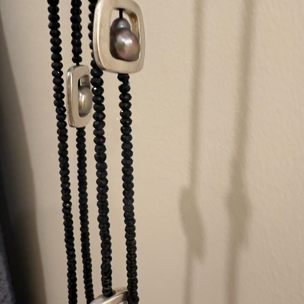 Black Crystal & Freshwater Pearl Long Statement Necklace Silver Accents - Picture 5 of 7